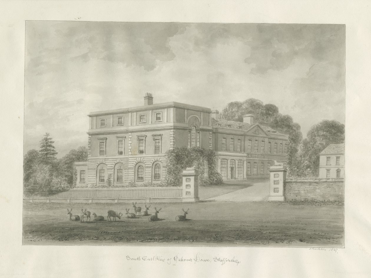 Okeover Hall: sepia vask tegning, 1847 af John Buckler