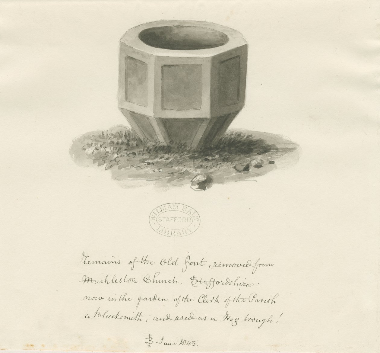 Gammel skrifttype fra Mucklestone Church: sepia vask tegning, juni 1843 (tegning) af John Buckler