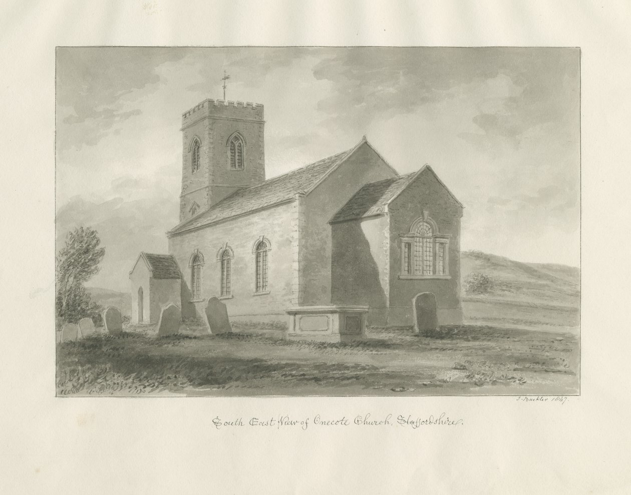 Onecote Kirke: sepia vasketegning, 1847 af John Buckler