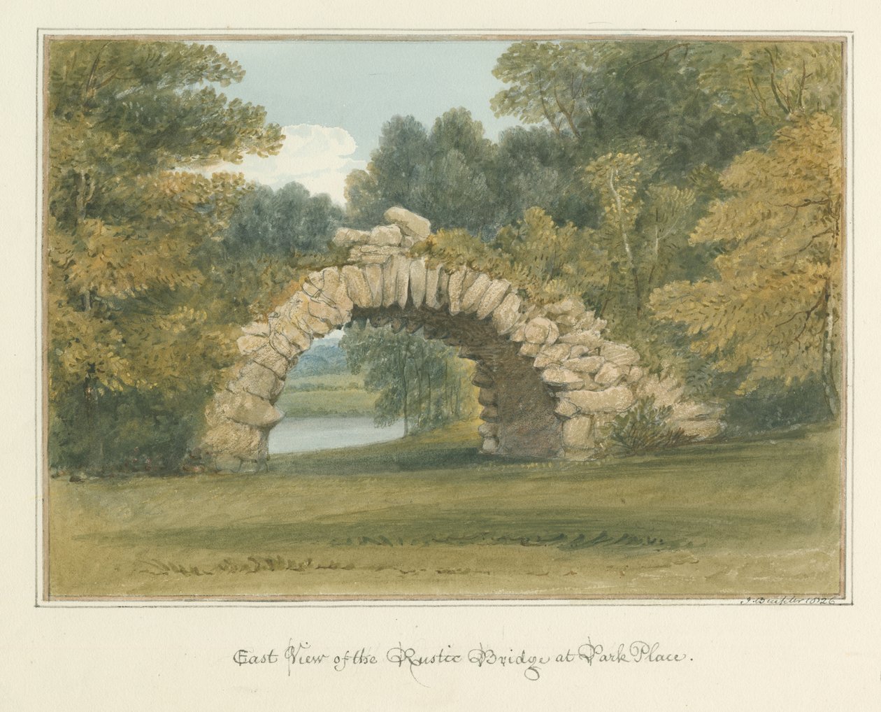 Oxfordshire - Henley upon Thames - Rustic Bridge ved Park Place, 1826 af John Buckler