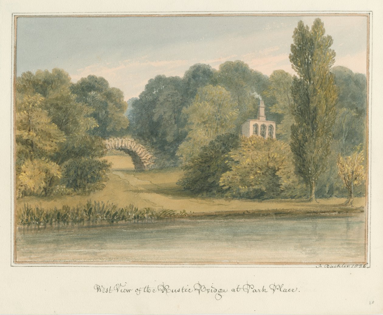 Oxfordshire - Henley upon Thames - Rustic Bridge ved Park Place, 1826 af John Buckler