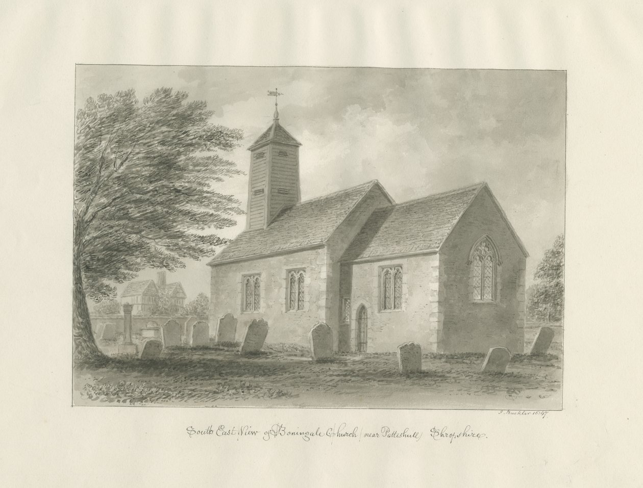 Patshull - Boningale Kirke: sepia vask tegning af John Buckler