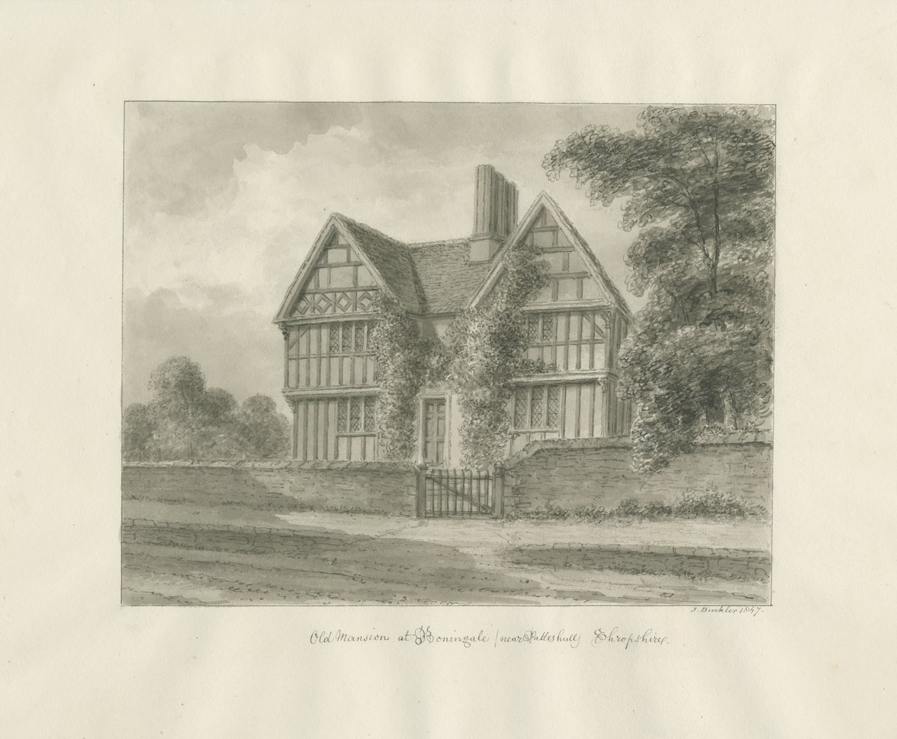 Patshull - Gammelt palæ i Boningale: sepia vask tegning, 1847 af John Buckler