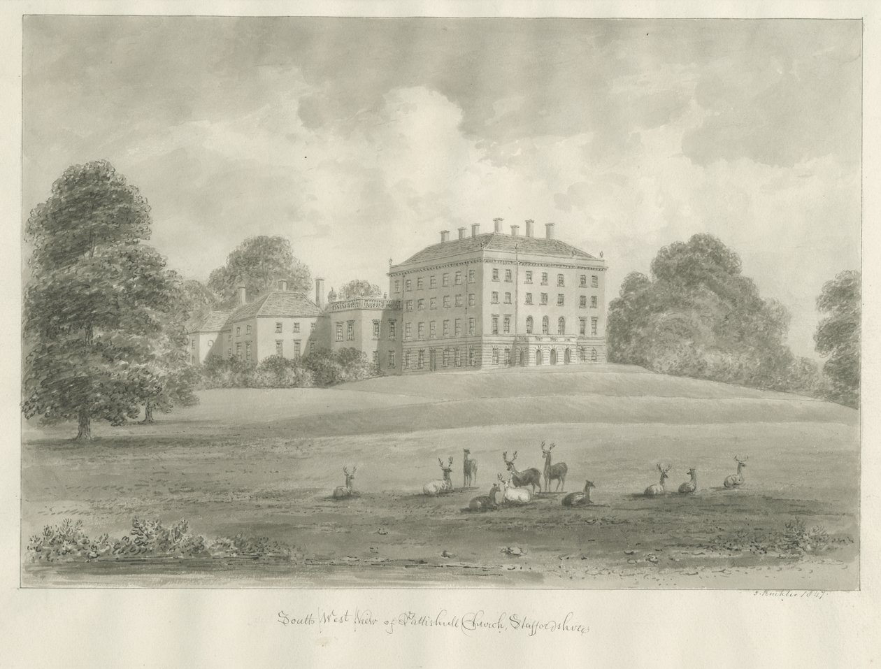 Patshull House: sepia tegning, 1847 af John Buckler