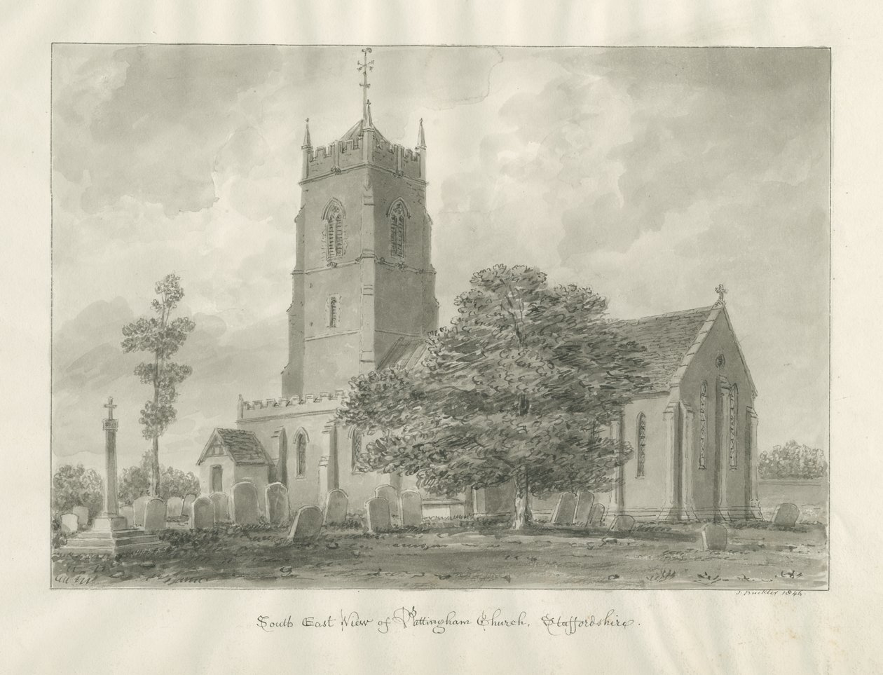 Pattingham Church: sepia tegning af John Buckler