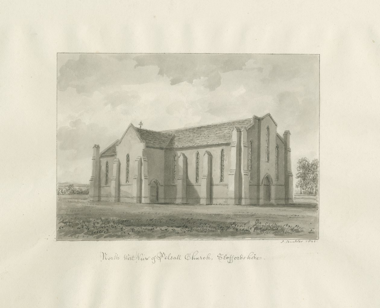 Pelsall Kirke: sepia tegning af John Buckler
