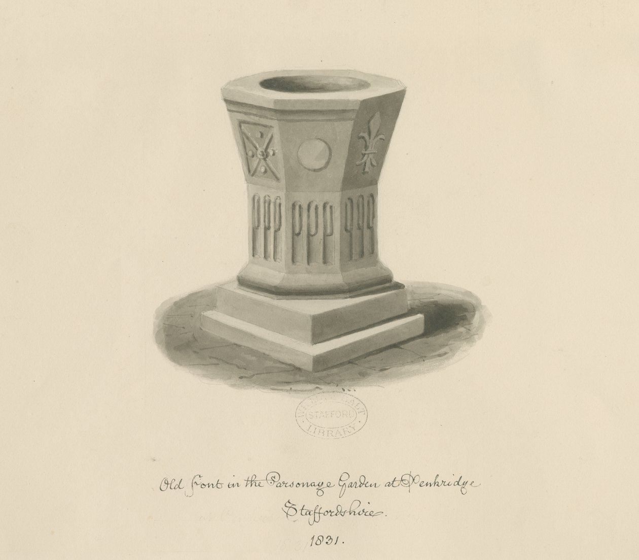 Penkridge - Font in Parsonage Garden: sepia-tegning af John Buckler