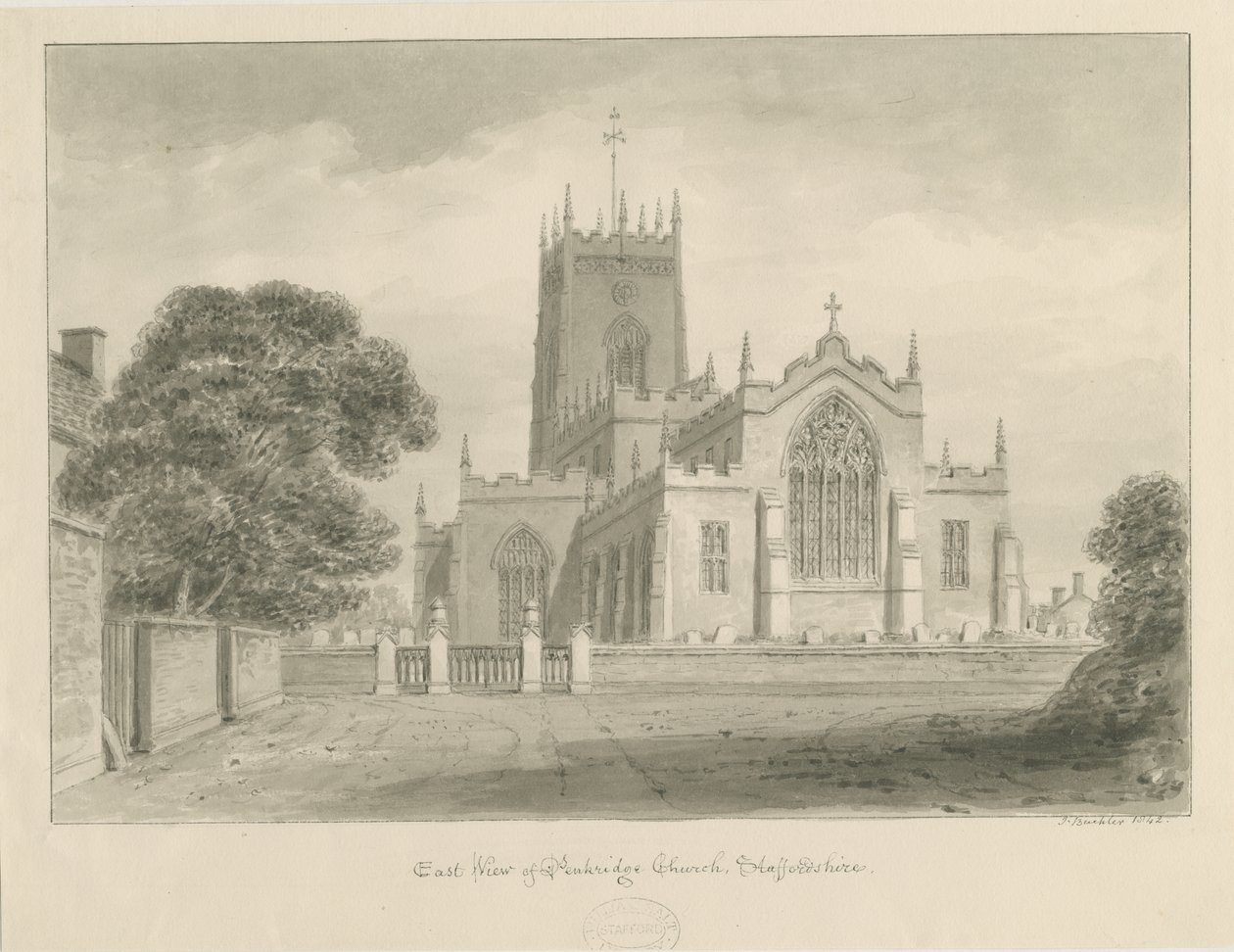 Penkridge Church: sepia tegning af John Buckler