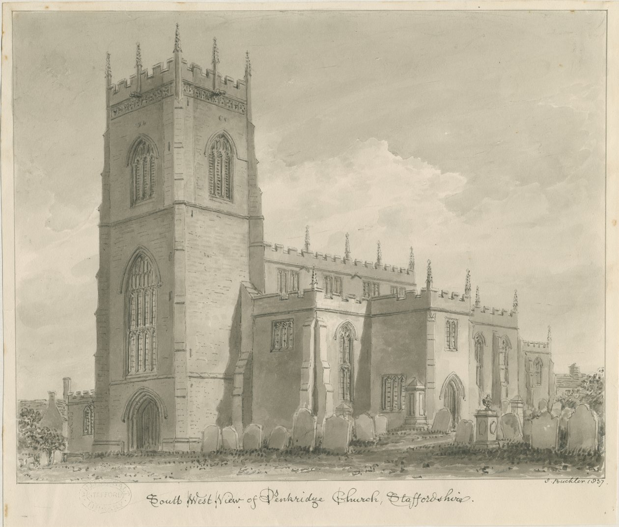 Penkridge Church: sepia tegning, 1837 af John Buckler