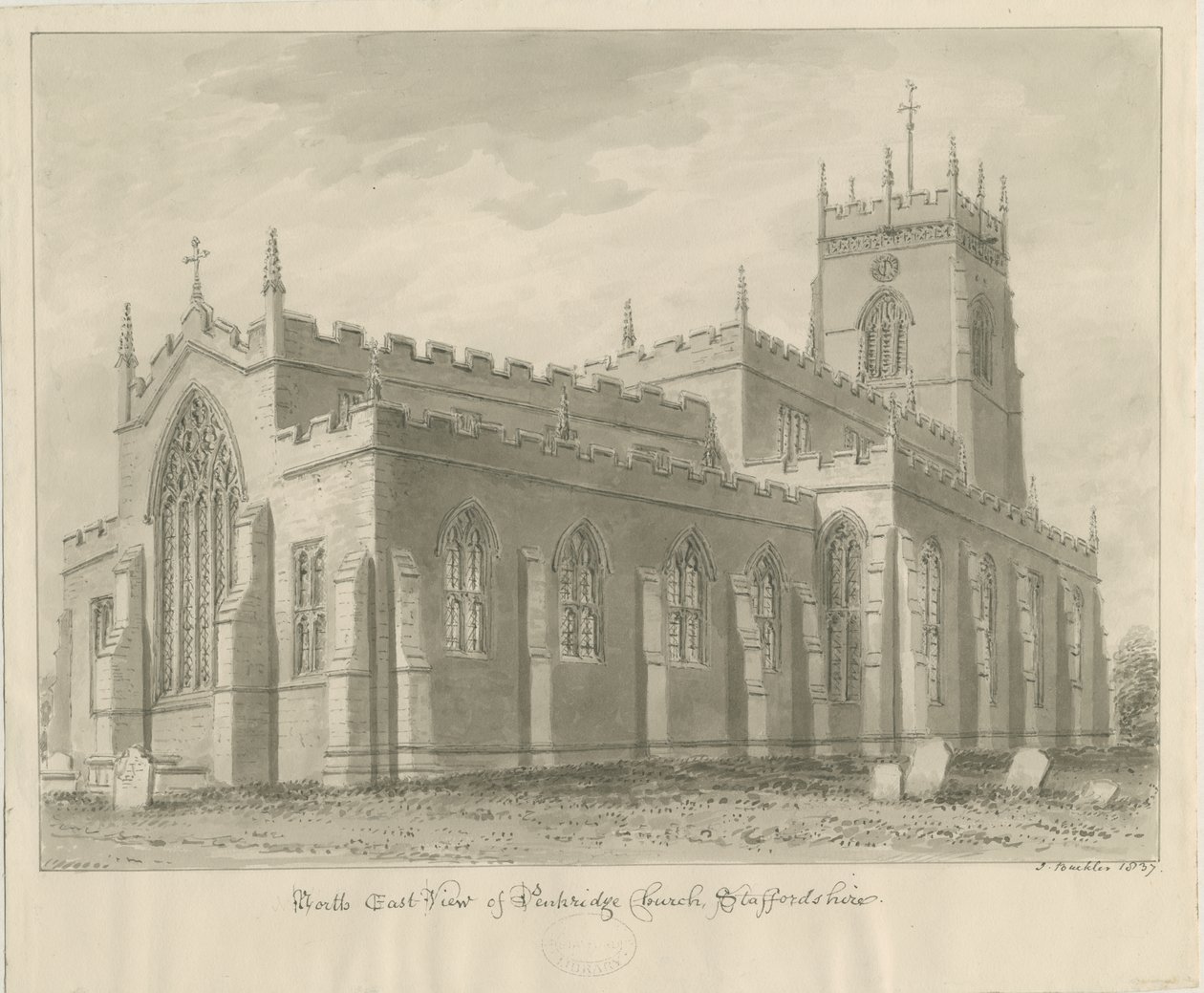 Penkridge Church: sepia tegning, 1837 af John Buckler