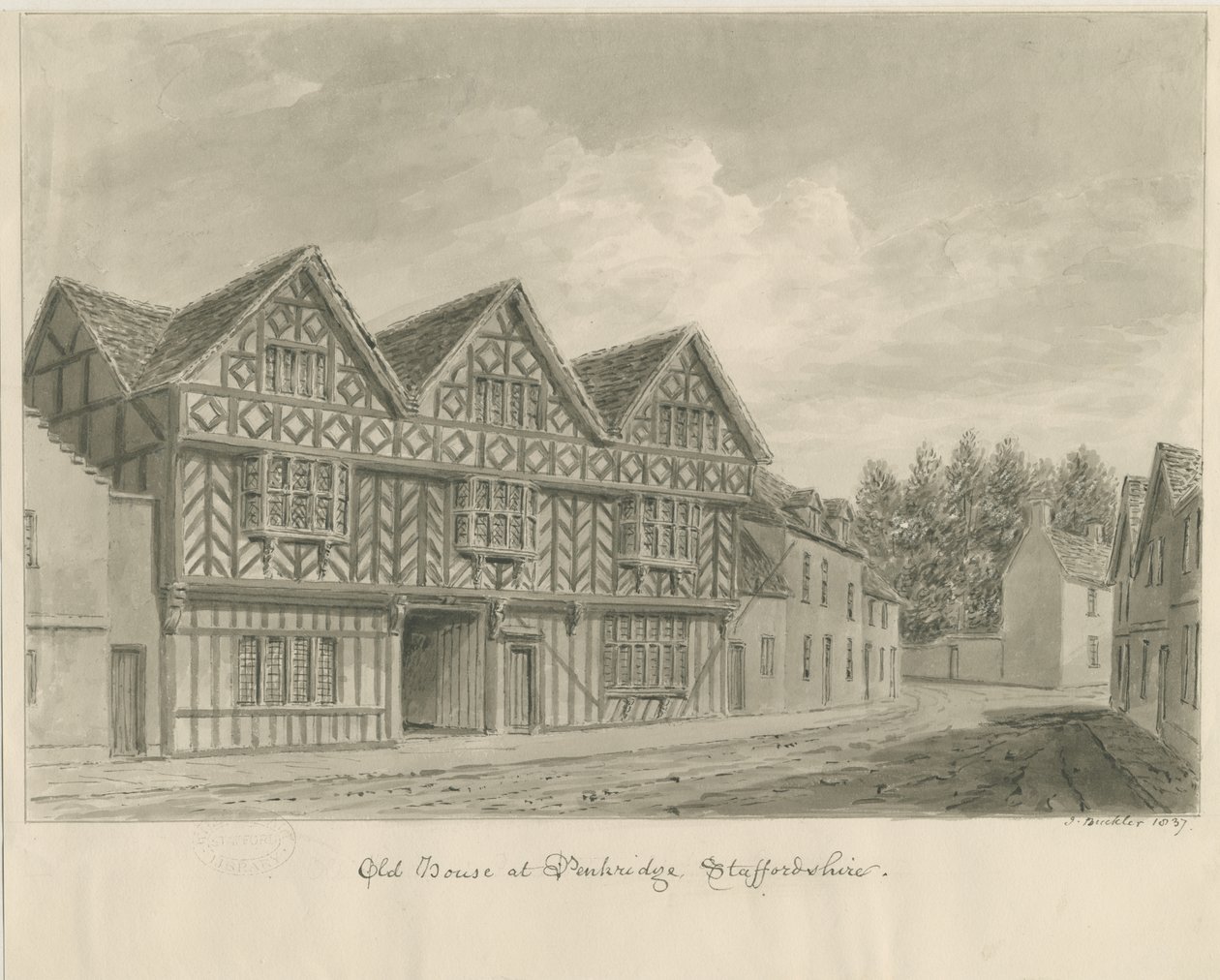 Penkridge Town - Old House: sepia tegning af John Buckler
