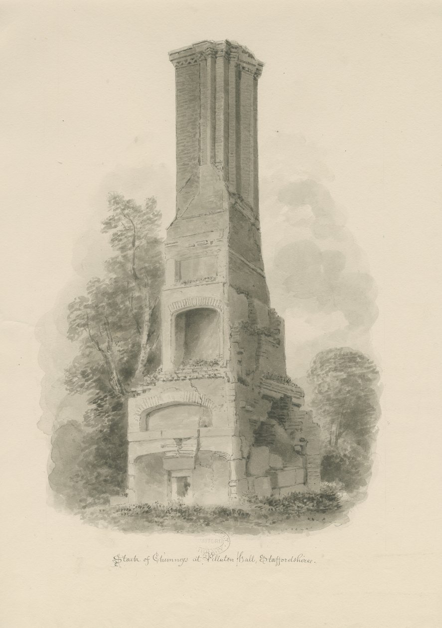 Pillaton Hall - Køkkenskorsten: sepia tegning (vignetteret), nd [1841] (tegning) af John Buckler