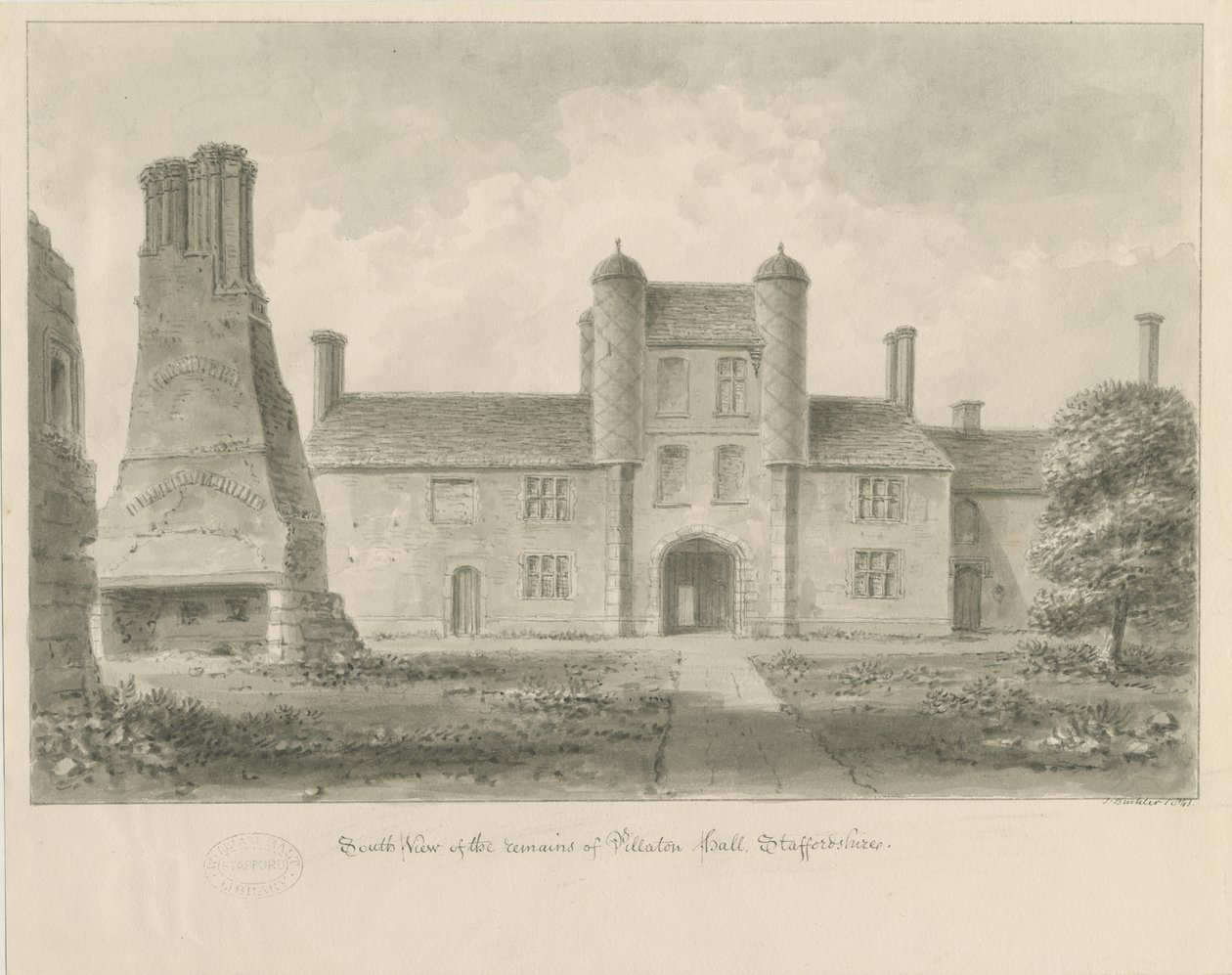 Pillaton Hall: sepia tegning af John Buckler