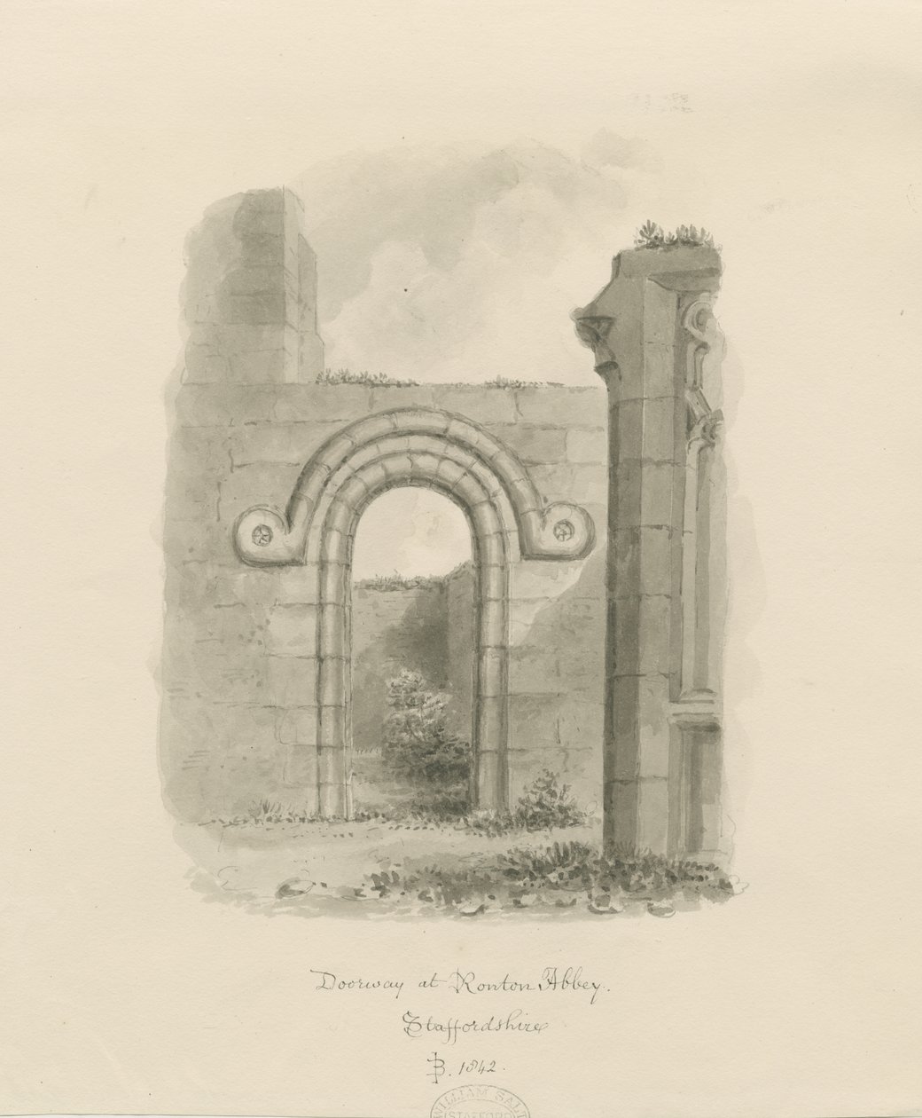 Ranton Abbey [Priory] - Rester af en døråbning: sepia-tegning af John Buckler