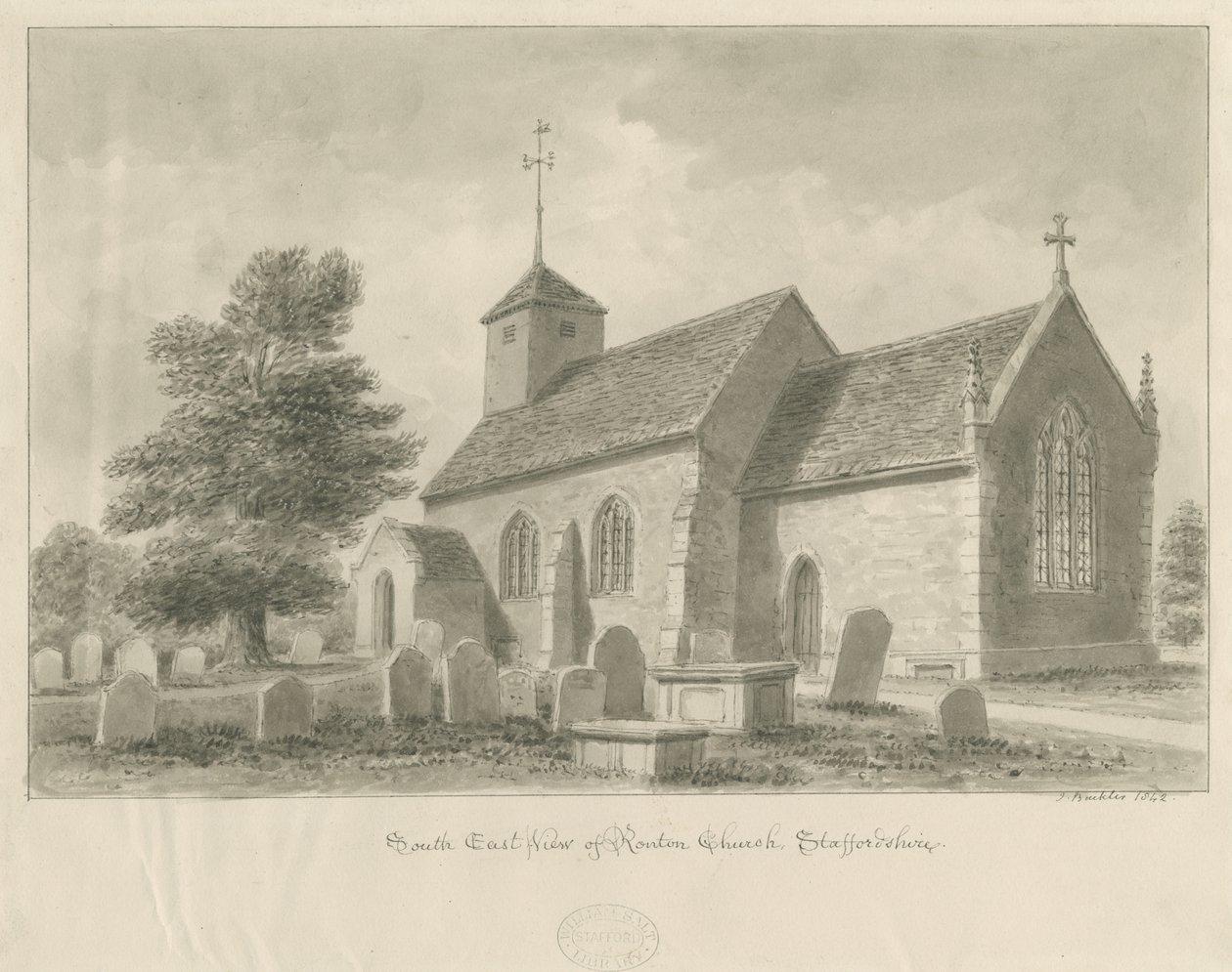 Ranton Church: sepia tegning, 1842 af John Buckler