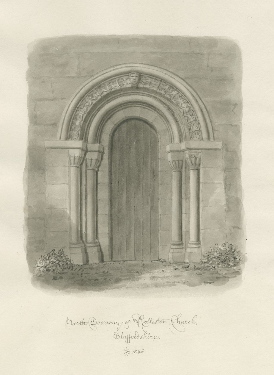 Rolleston Church - North Doorway: sepia tegning af John Buckler