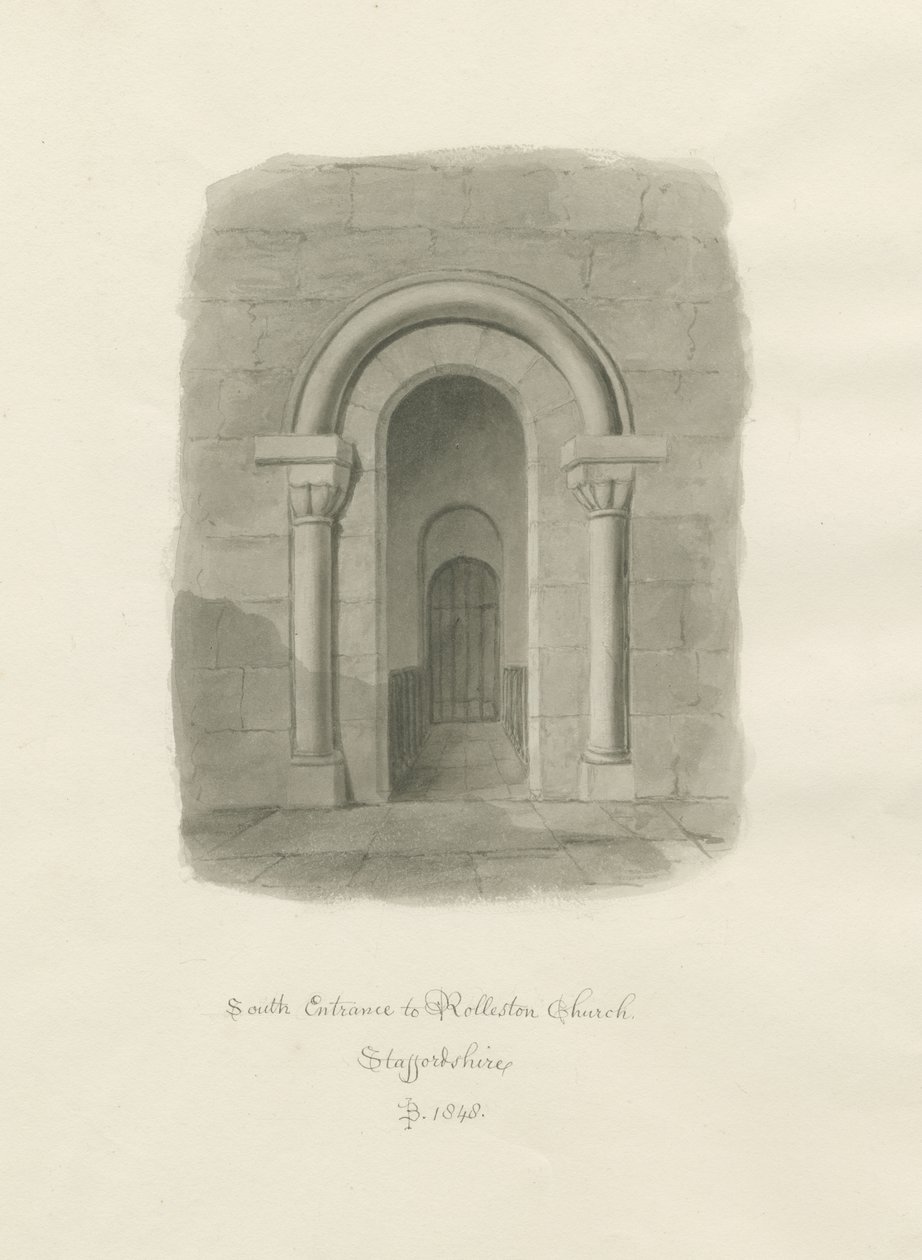Rolleston Church - sydindgang: sepia tegning af John Buckler