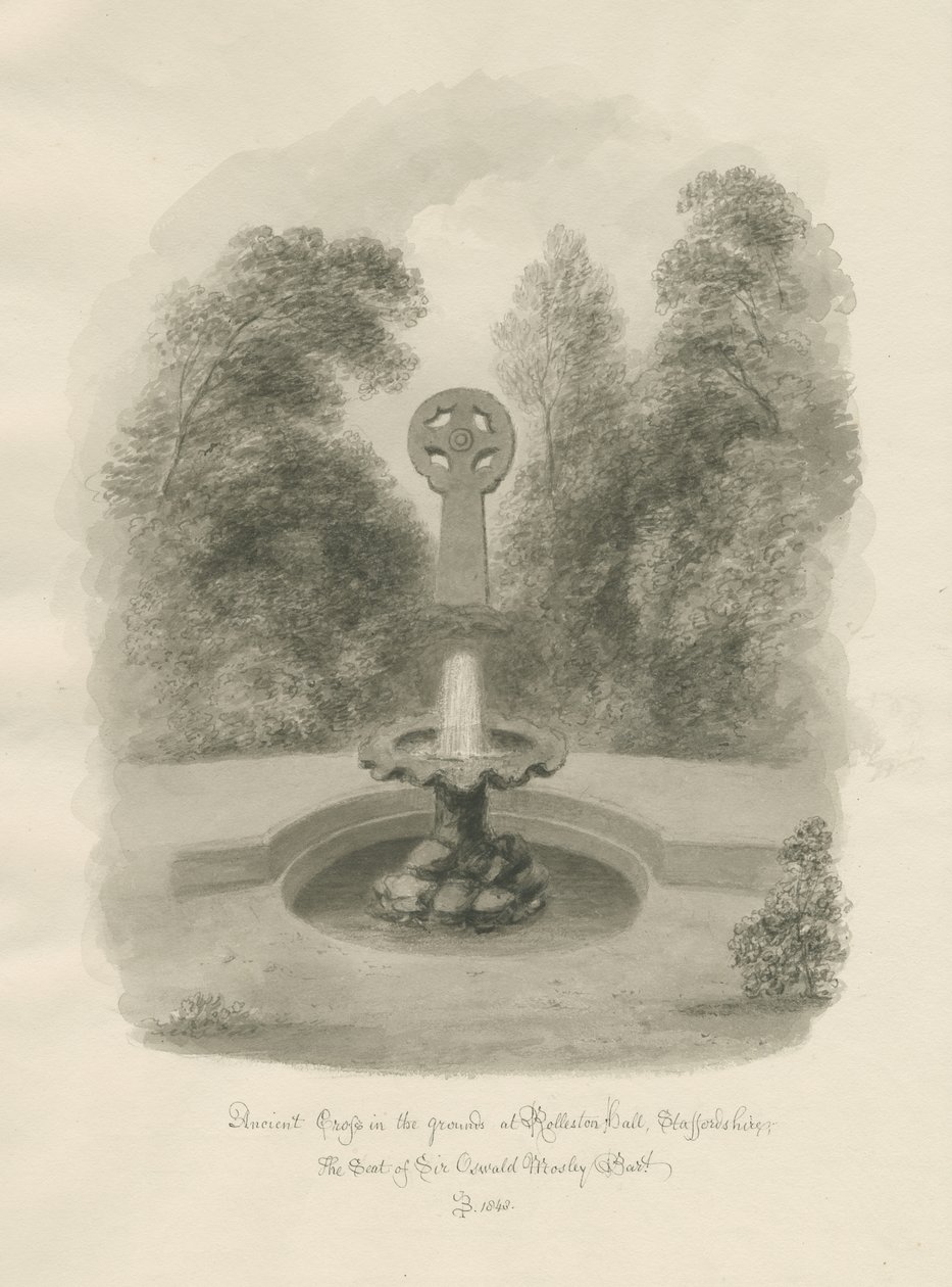 Rolleston Hall - Gammelt kors: sepia-tegning, 1848 af John Buckler
