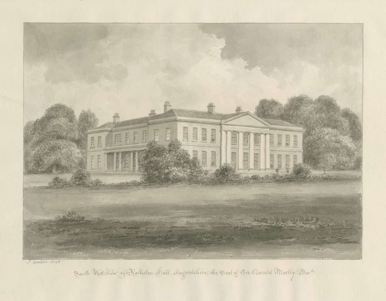 Rolleston Hall: sepia tegning af John Buckler