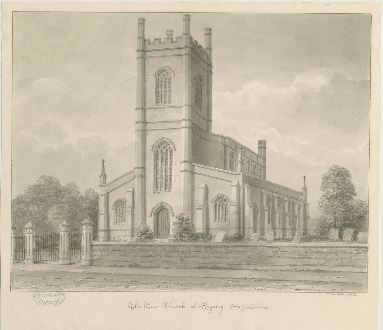 Rugeley Church (ny): sepia vask tegning af John Buckler