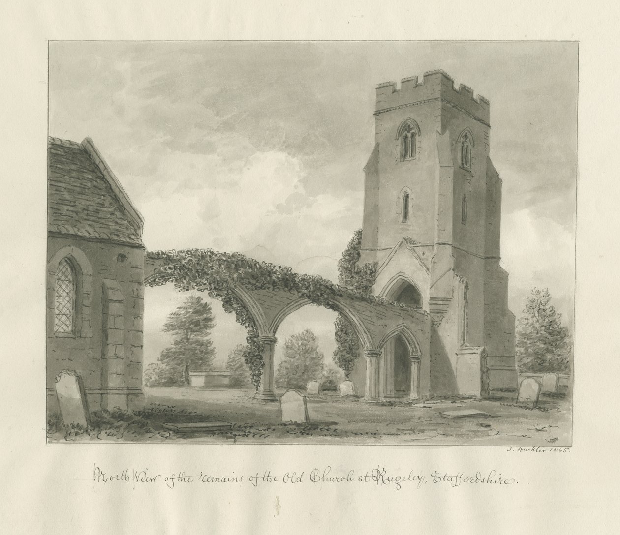 Rugeley Church (gammel): sepia tegning af John Buckler