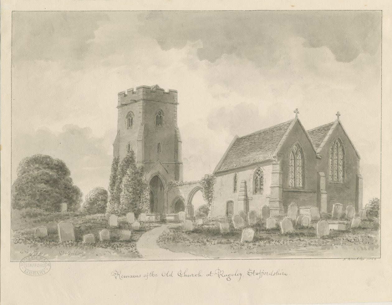 Rugeley Church (gammel): sepia tegning af John Buckler