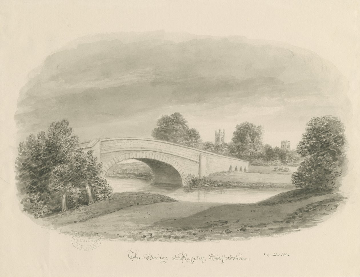 Rugeley Town - Bridge: sepia-tegning, 1842 af John Buckler
