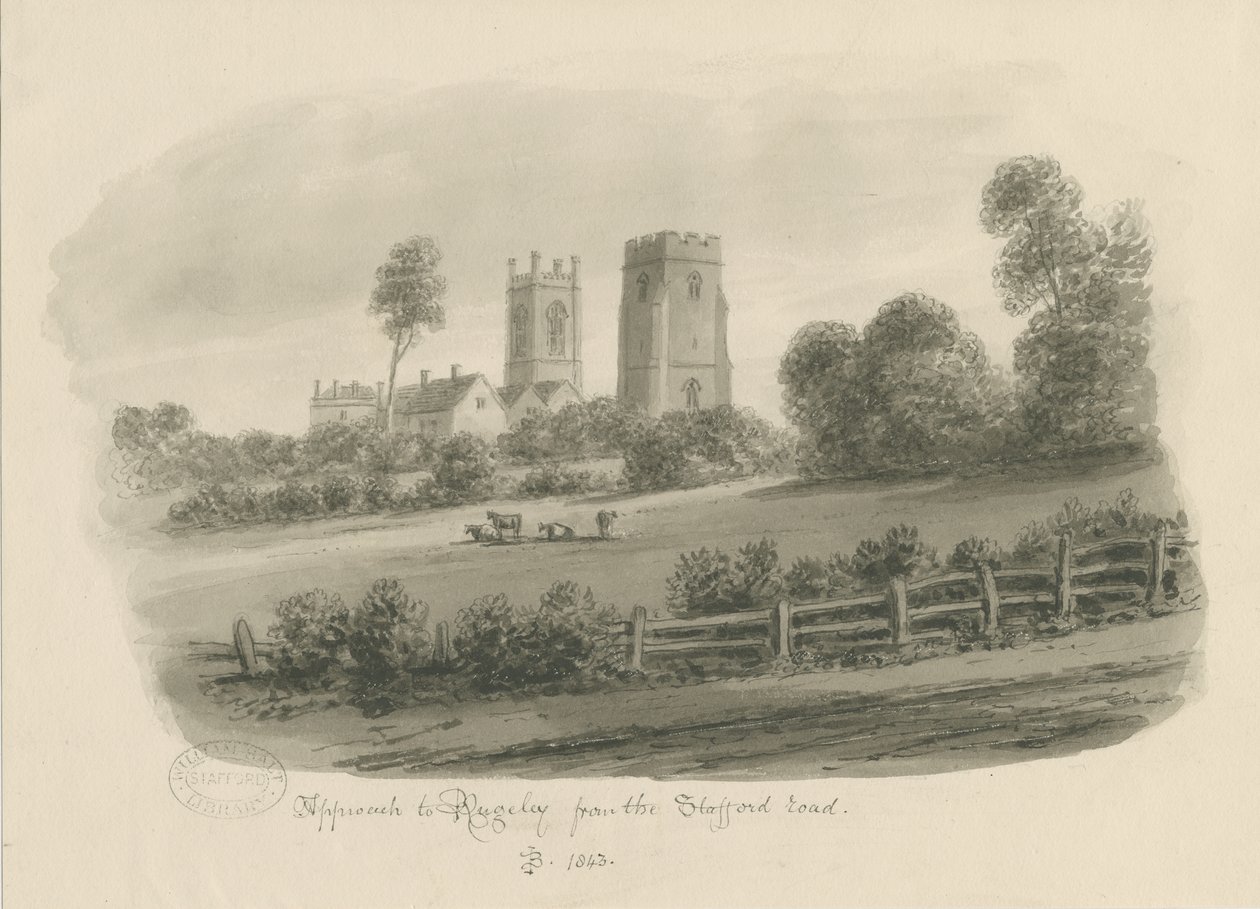 Rugeley Town - Fra Stafford Road: sepia-tegning af John Buckler