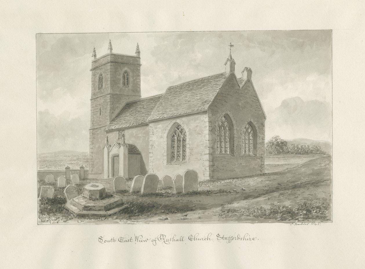 Rushall Church: sepia tegning, 1845 af John Buckler
