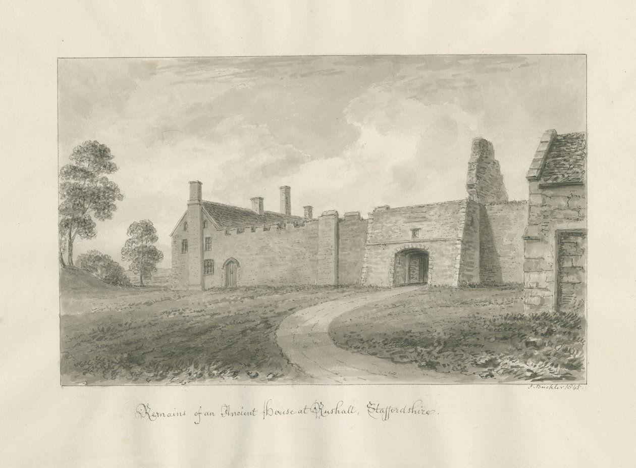Rushall Hall: sepia vask tegning af John Buckler