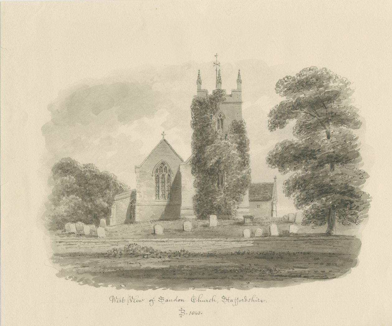 Sandon Church: sepia tegning, 1843 af John Buckler