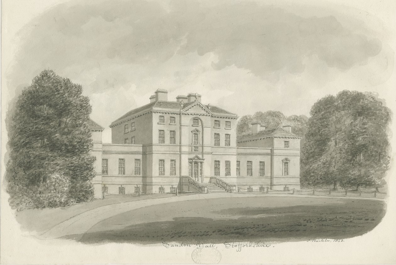 Sandon Hall: sepia-tegning (vignetteret) af John Buckler