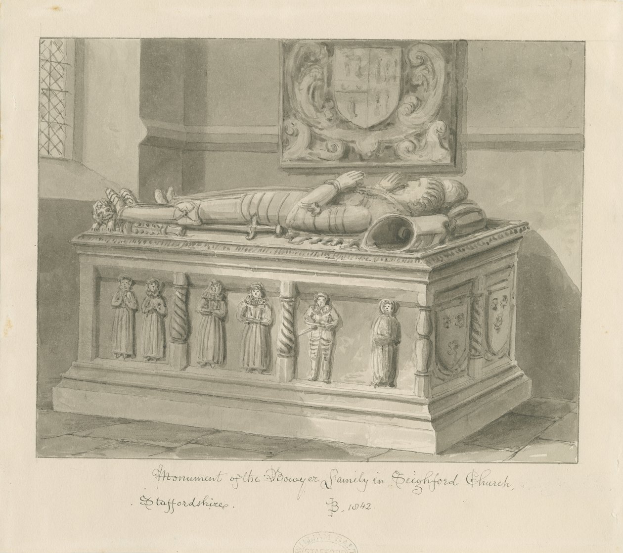 Seighford Church - Tomb of William and Mercy Bowyer: sepia vask tegning, 1842 af John Buckler