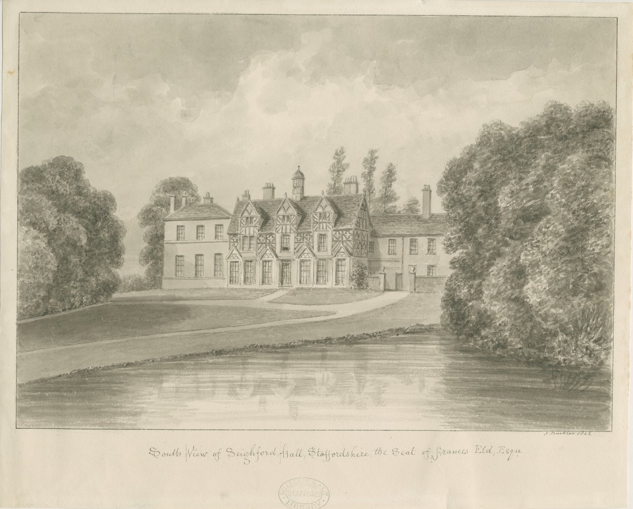 Seighford Hall: sepia tegning af John Buckler
