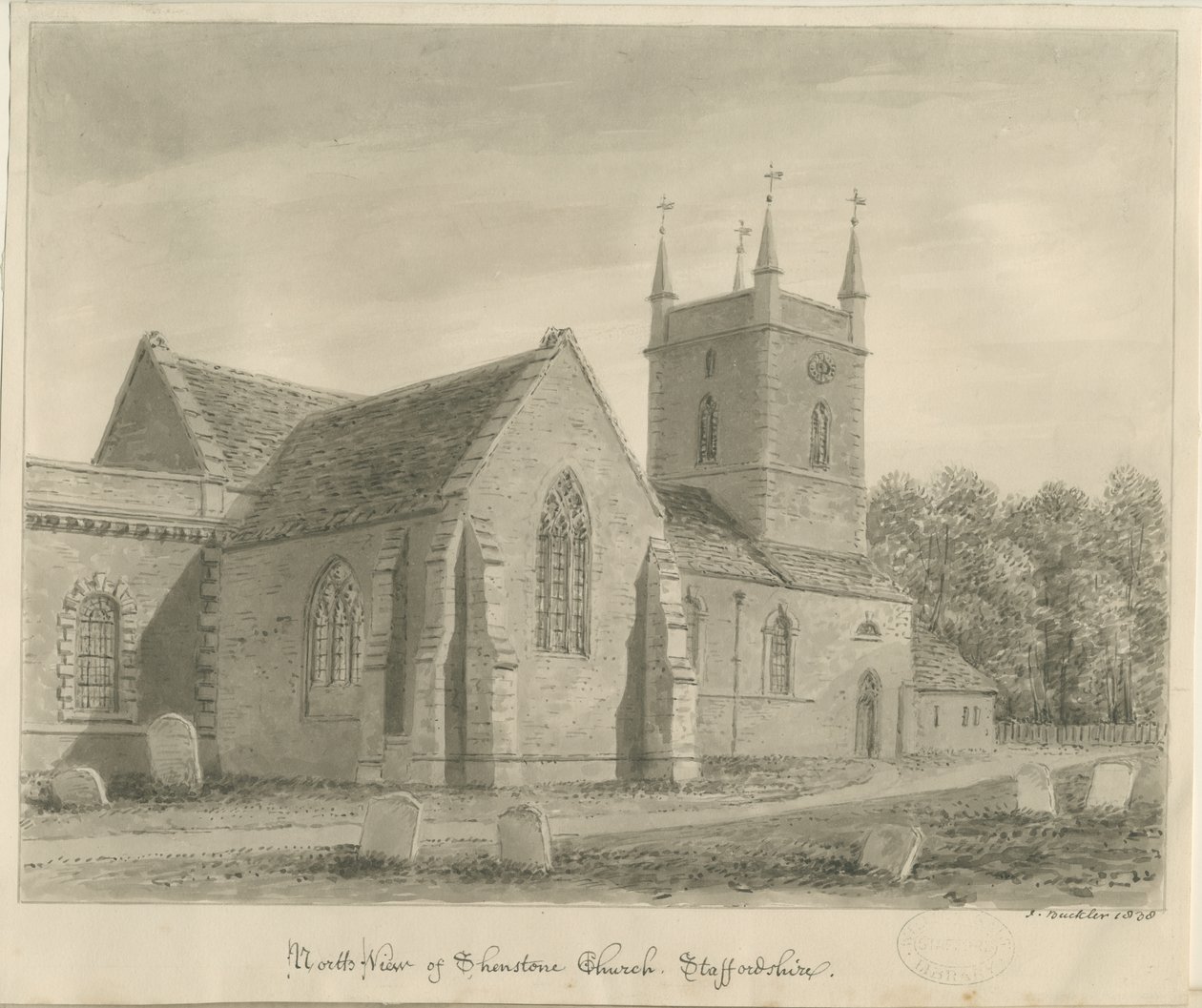Shenstone Church: sepia tegning af John Buckler