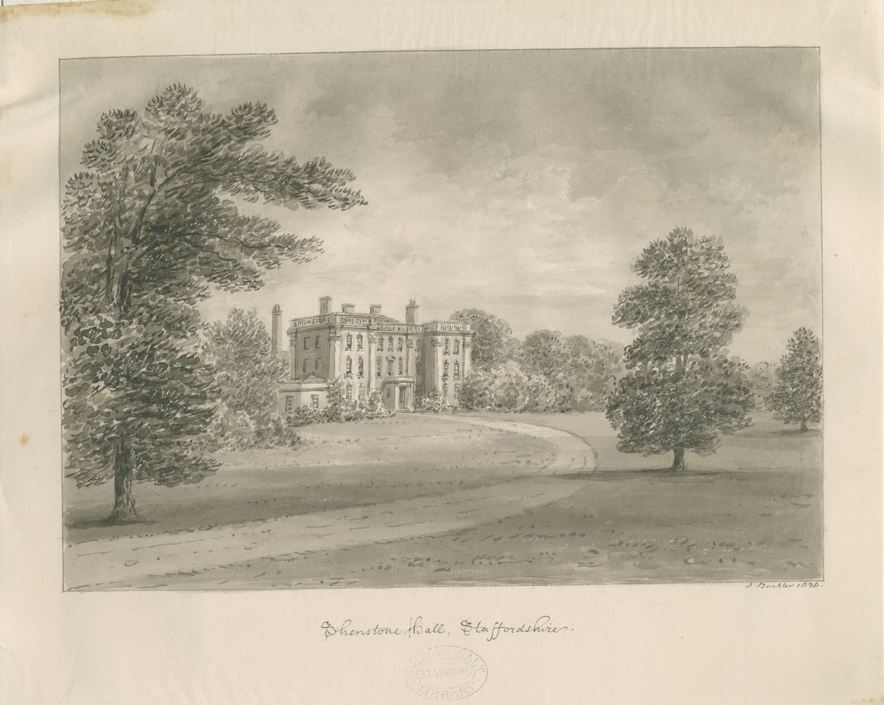 Shenstone Park - Hall: sepia tegning af John Buckler