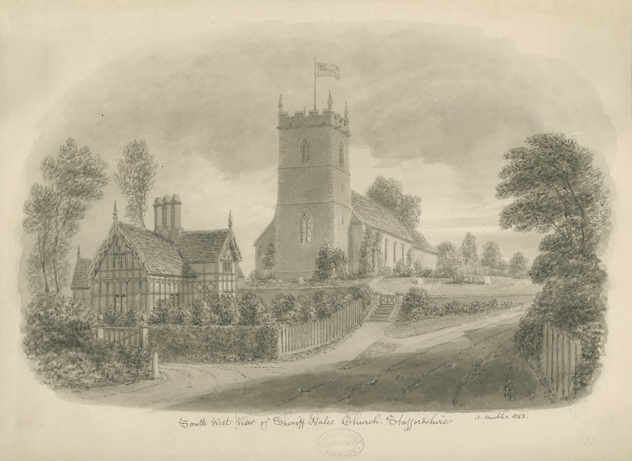 Sheriffhales Church: sepia tegning af John Buckler