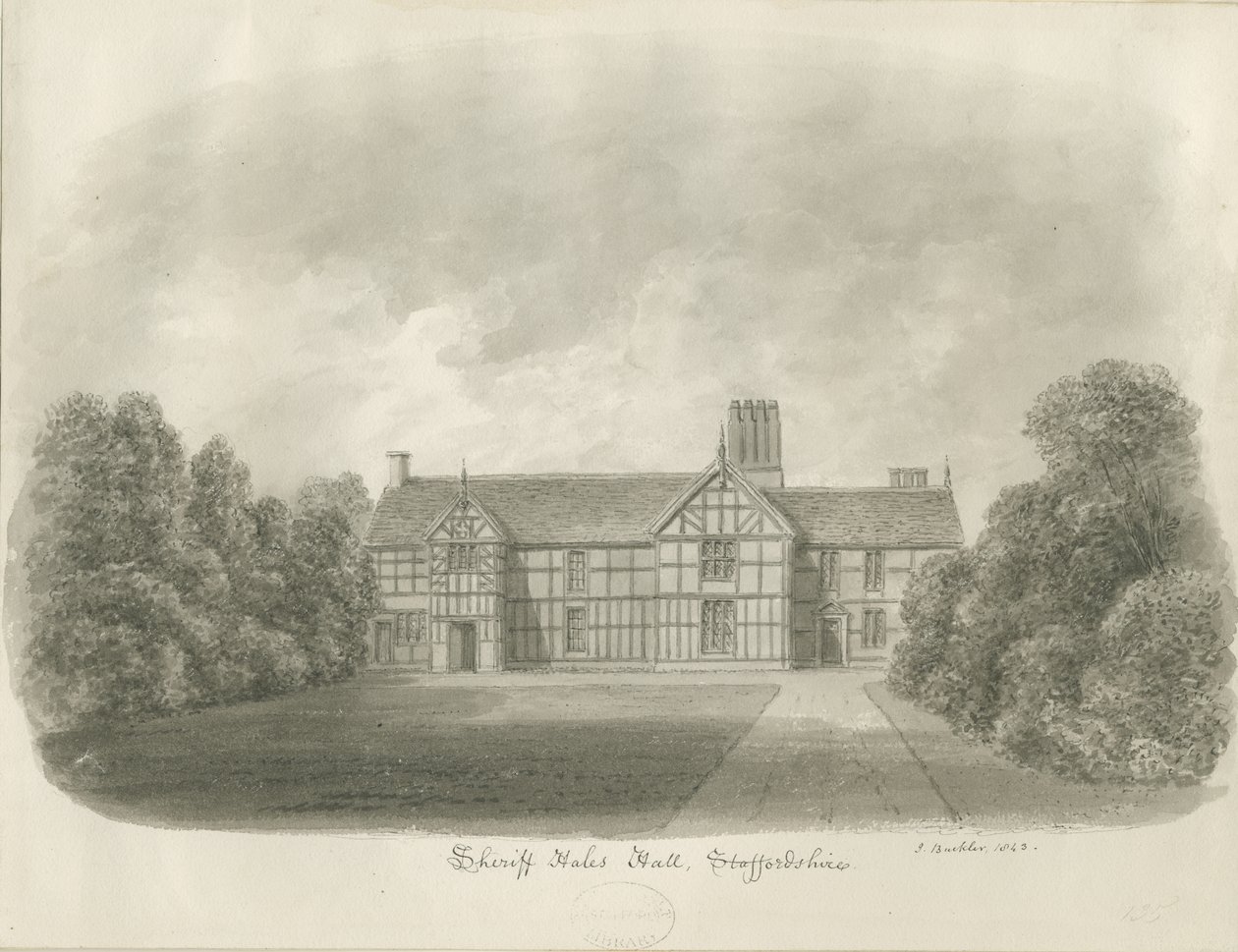 Sheriffhales Hall: sepia tegning af John Buckler