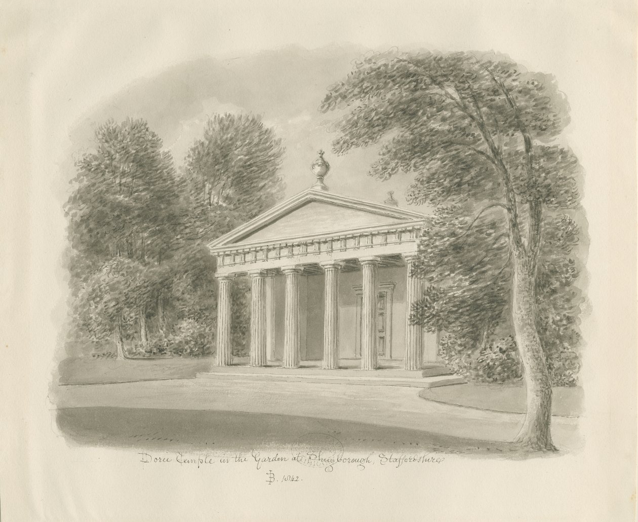 Shugborough - Dorisk tempel: sepia-tegning, 1842 af John Buckler