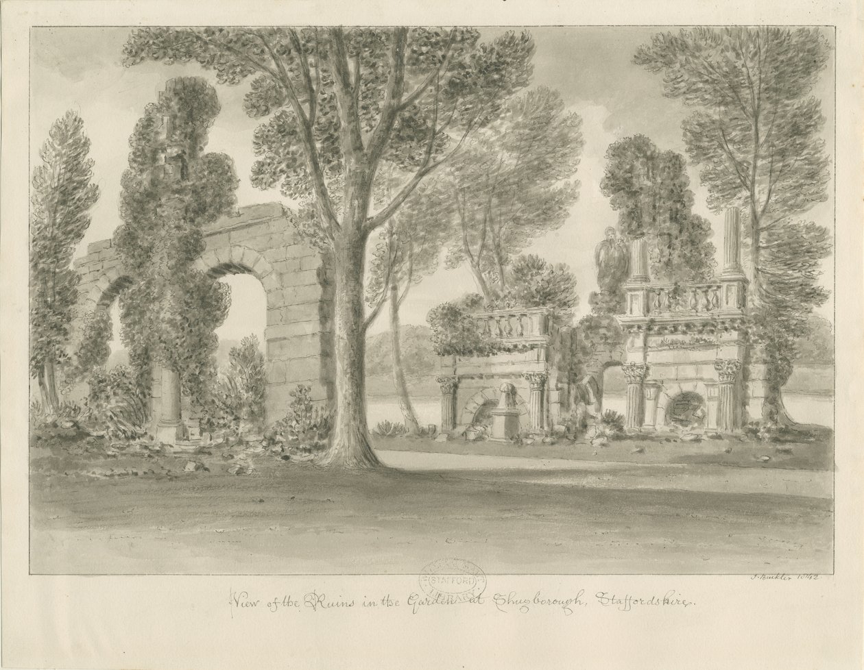 Shugborough - Ruiner i haven: sepia tegning af John Buckler