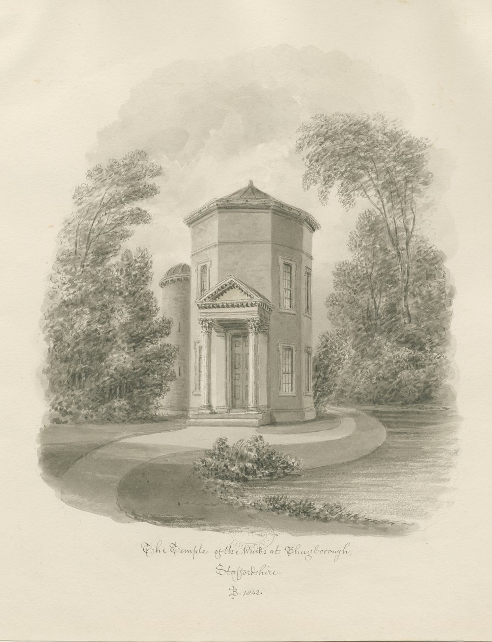 Shugborough - Vindenes tempel: sepia tegning, 1843 af John Buckler