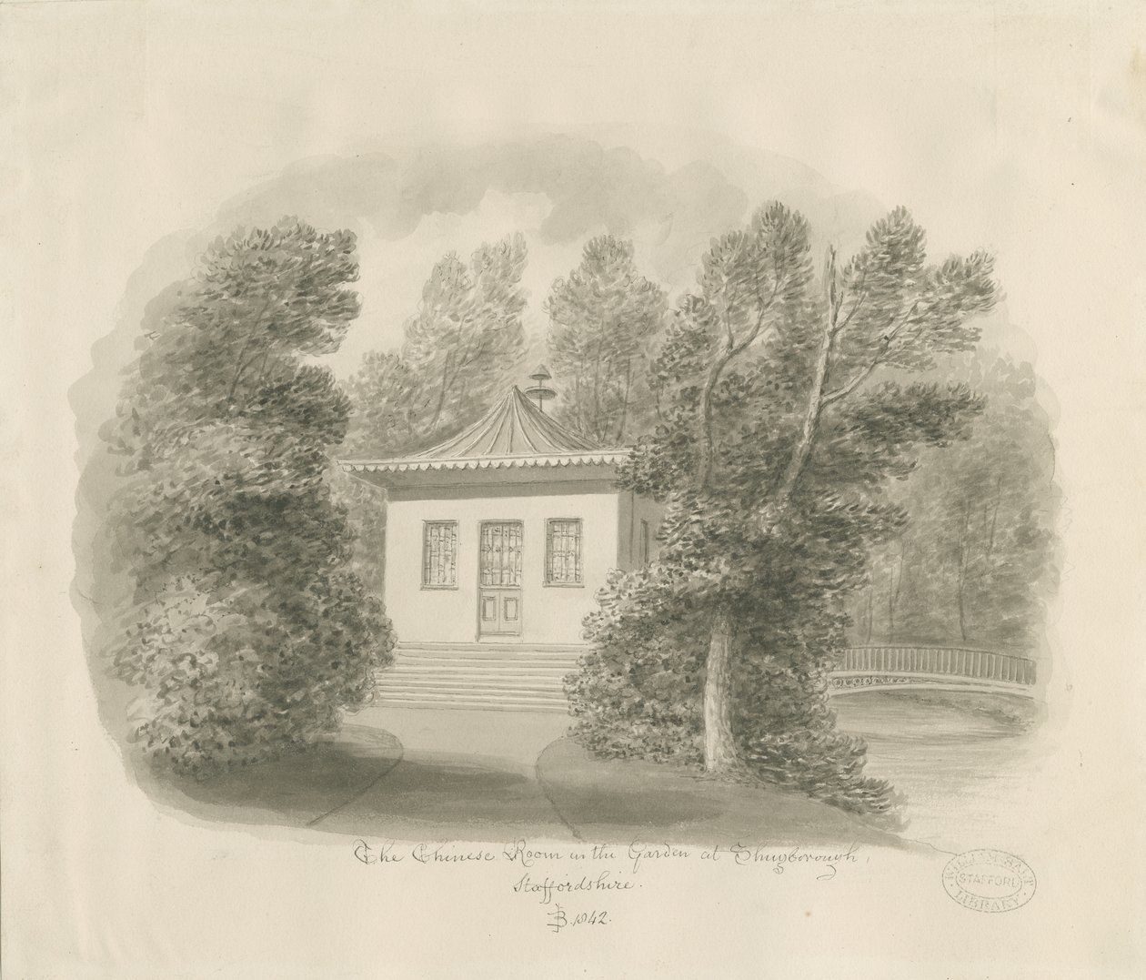 Shugborough - The Chinese Room: sepia vask tegning af John Buckler