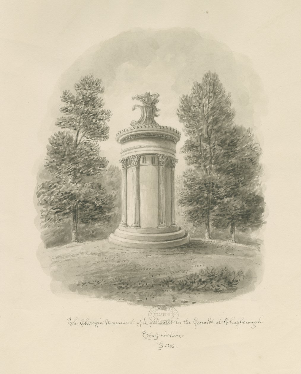 Shugborough - The Choragic Monument of Lysicrates: sepia-tegning af John Buckler