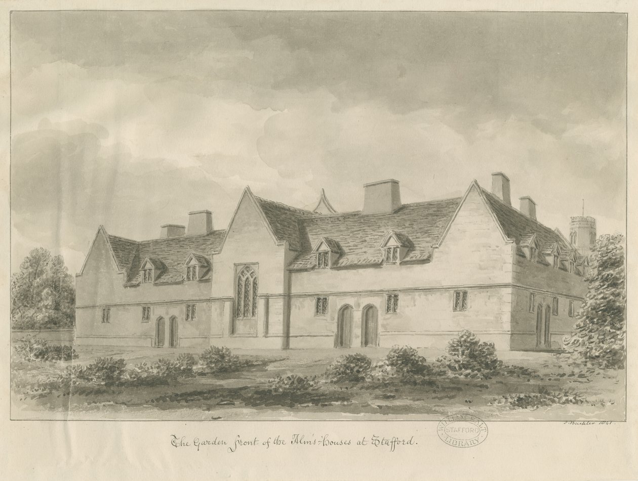Stafford - Almshouses: sepia drawing, 1841 dani af John Buckler