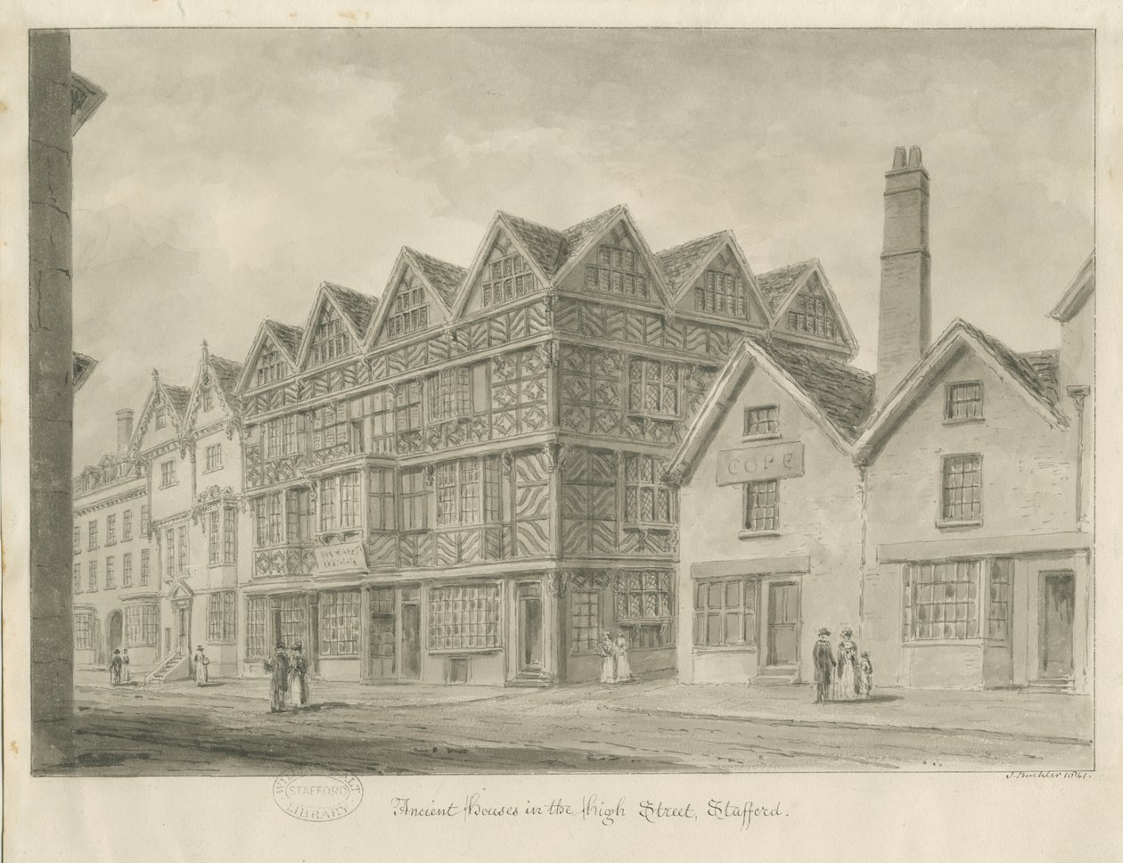 Stafford - Ancient "High House": sepia tegning, 1841 af John Buckler