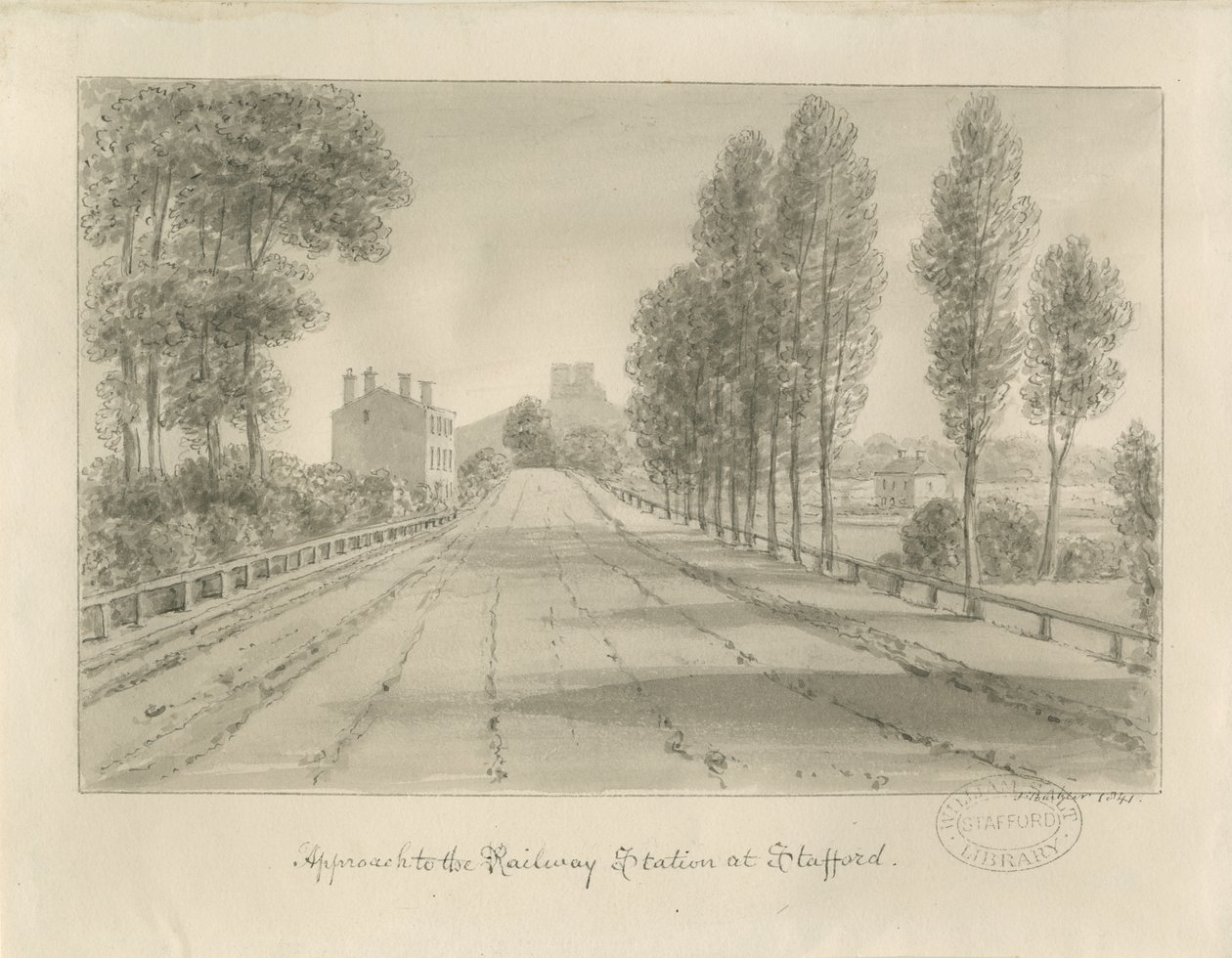 Stafford - tilgang til jernbanestationen: sepia tegning af John Buckler