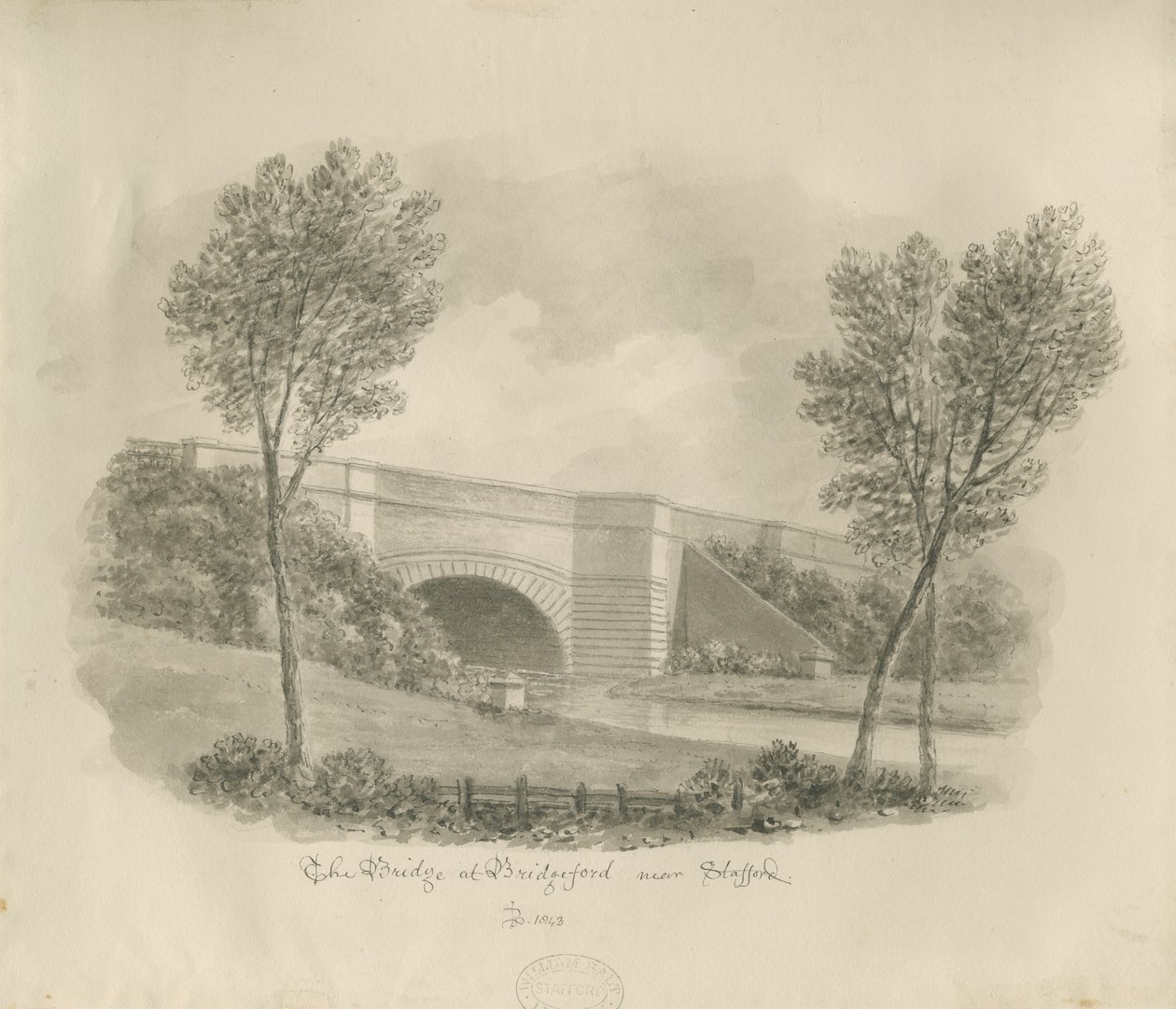 Stafford - Bridge at Bridgeford: sepia tegning af John Buckler