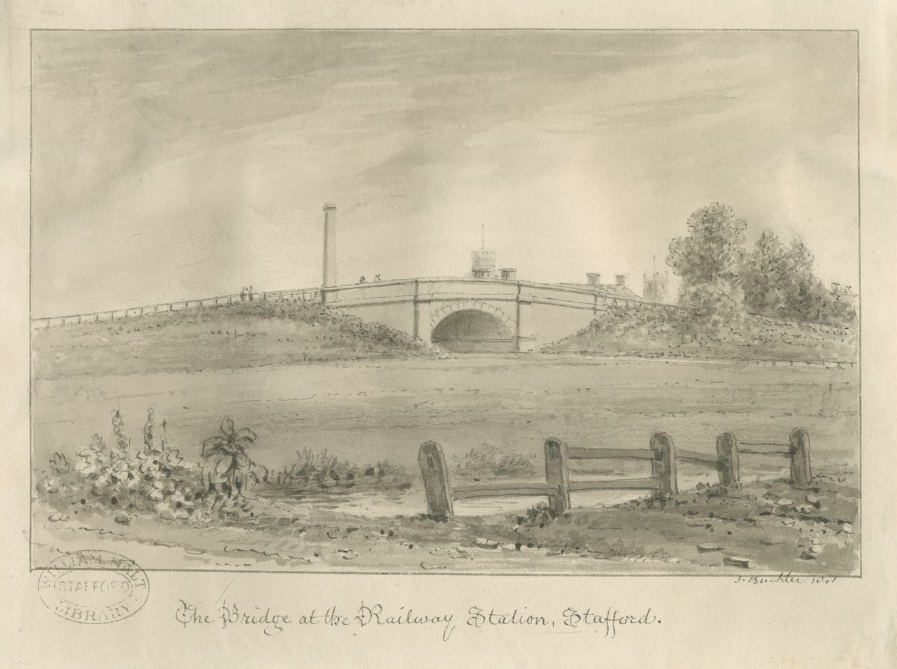 Stafford - Bridge at Railway Station: sepia-tegning, 1841 af John Buckler