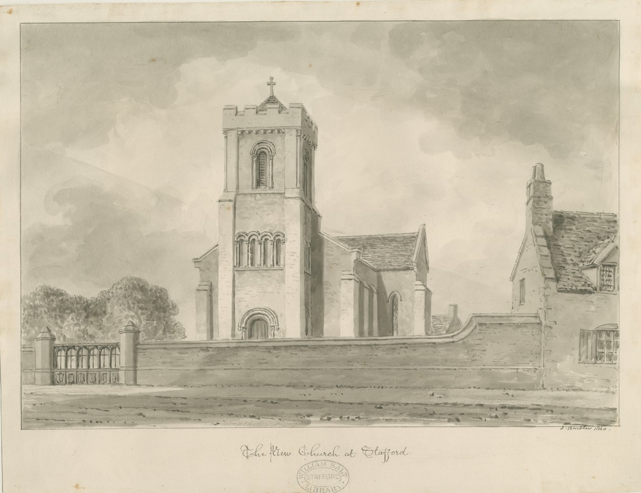Stafford - Christ Church: sepia tegning, 1840 af John Buckler