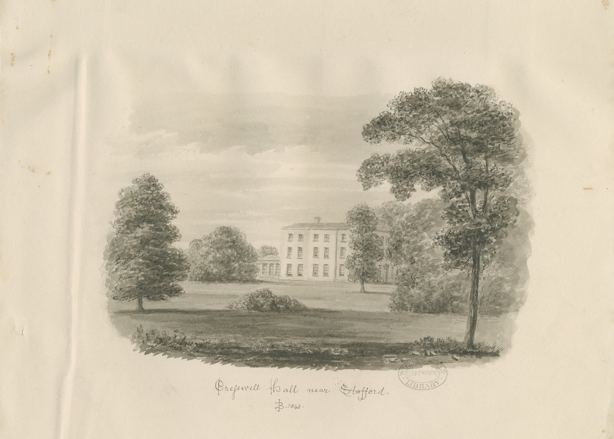 Stafford - Cresswell Hall: sepia tegning af John Buckler